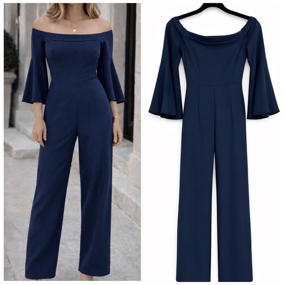 Trina Turk Jumpsuit Womens 2 Navy Blue Bell Sleeve Off Shoulder Elegant Cocktail